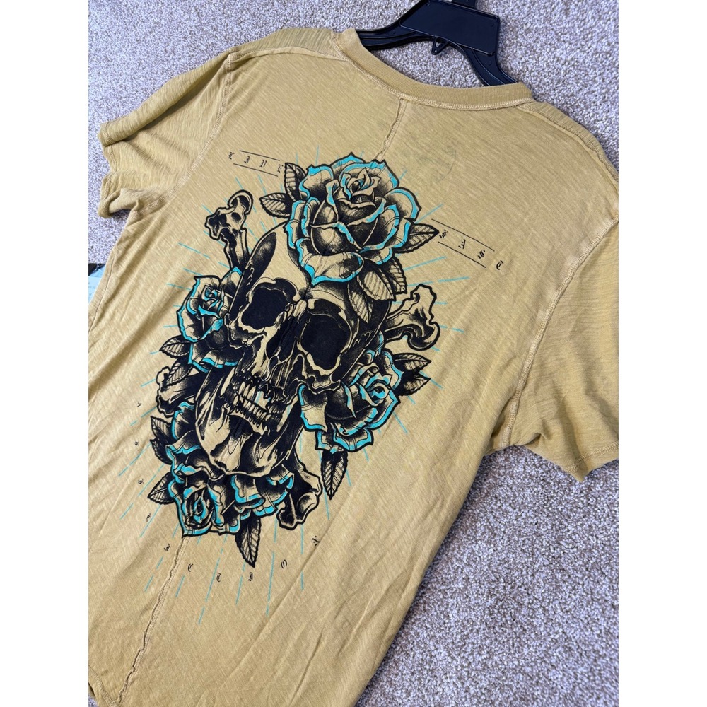 Y2K NEW Affliction Womens Medium Mustard Yellow Skull Rose Graphic Crew Tee MMA - Picture 3 of 11